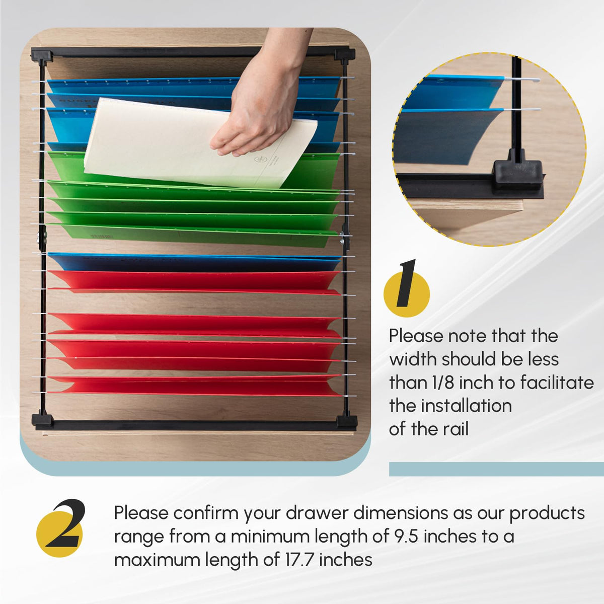 Humyoun 12 Pcs Metal Adjustable File Cabinet Rails Set Include 8 Hanging File Rail Clips 4 Cabinet Dividers Bars Suitable for Cabinets with Drawer Thickness Less Than 1/8 Inch(Black,10-18 Inch)