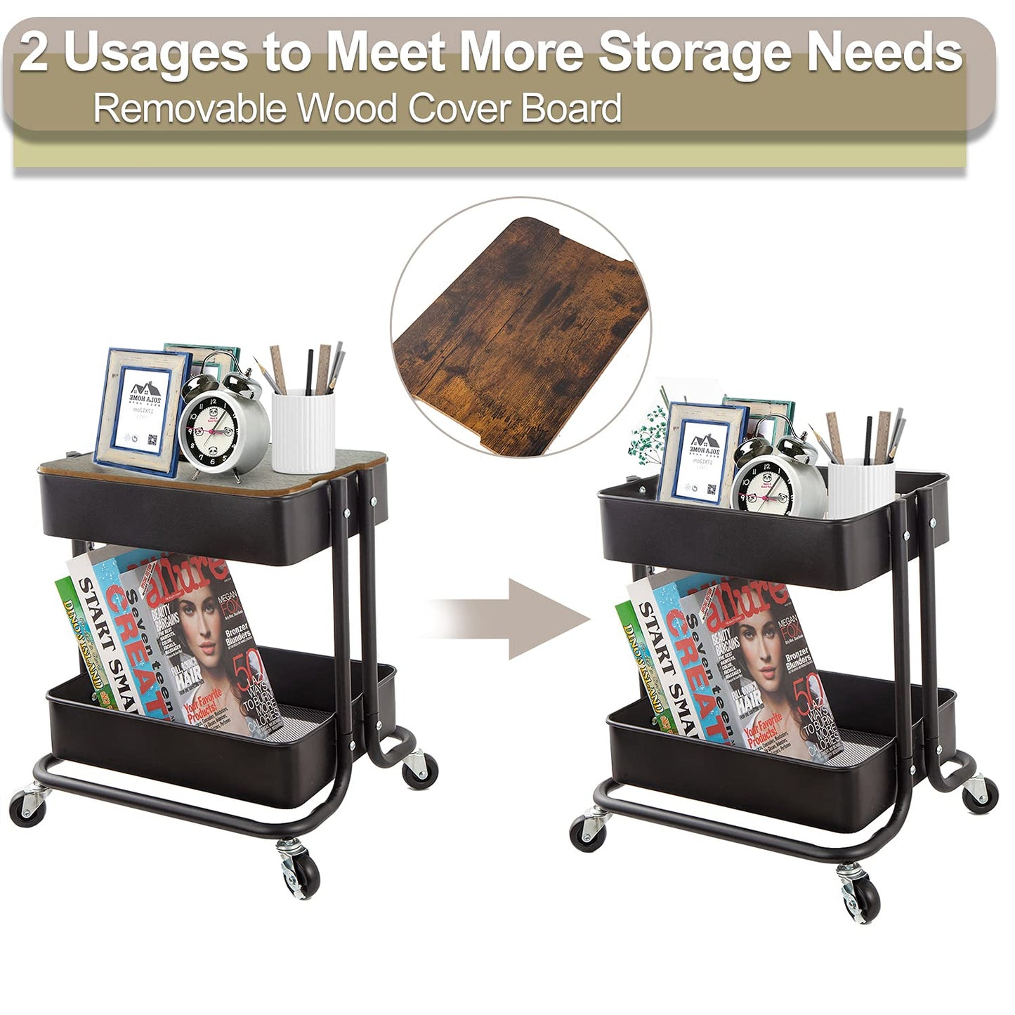 Melody House 2 Tier Metal Utility Rolling Cart Storage Organizer with Cover Board, Mobile Trolley Sofa Side Table with Wheels for Office Home Kitchen Organization, Black