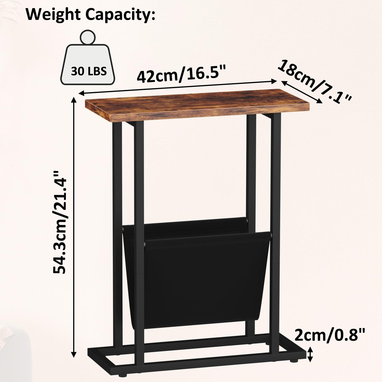 Yusong Narrow Side Table for Small Spaces, Small End Table with Magazine Holder, Skinny Slim Little Thin Table for Living Room, Bedroom, Sofa, Rustic Brown