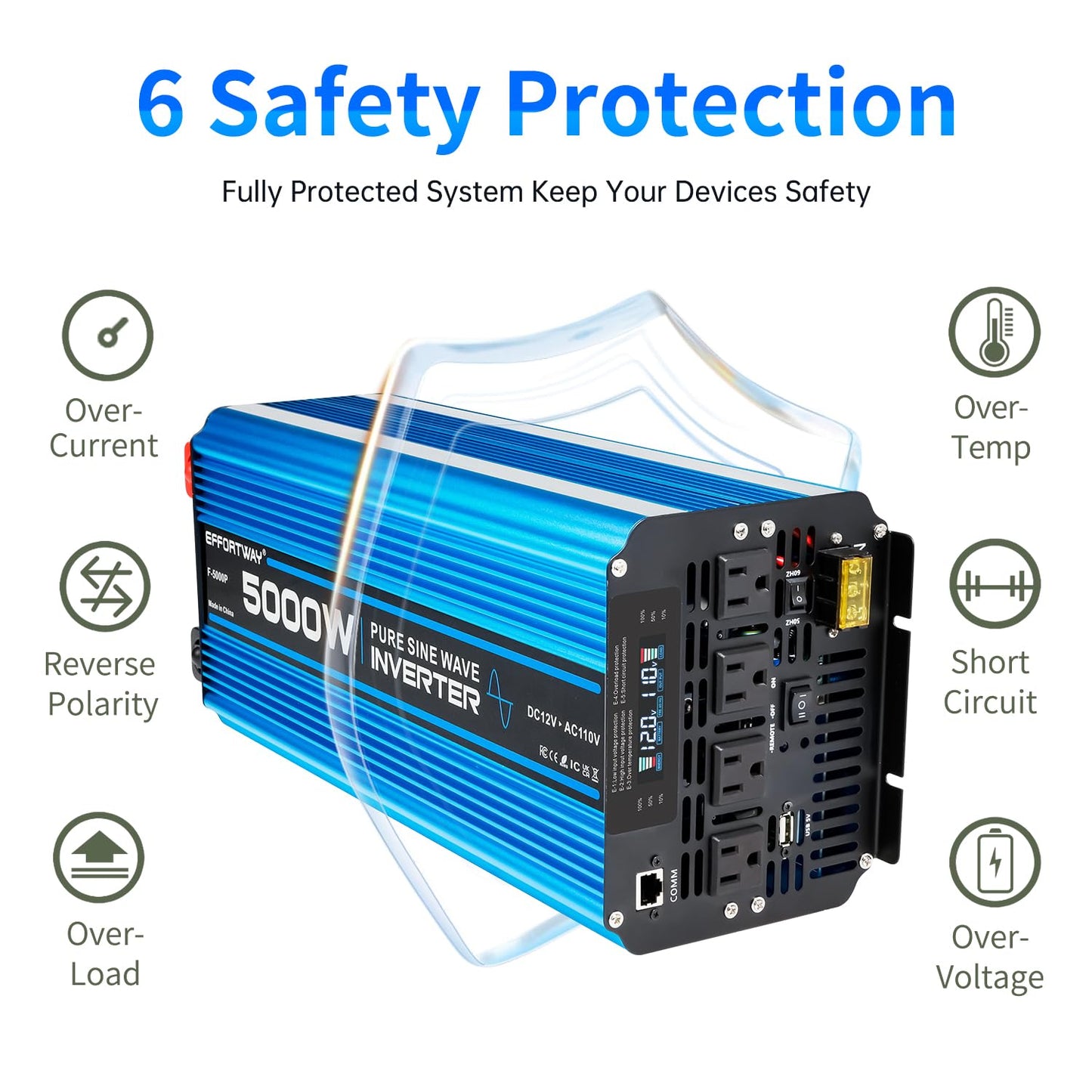 5000W Pure sine Wave Inverter DC 12V to AC 110V/120V Converter 10000w (Peak) with LCD Display Wireless/Wired Remote Control 4AC outlets 4USB and Hardwired AC.Ideal for RV Travel Off-Grid Solar Systems