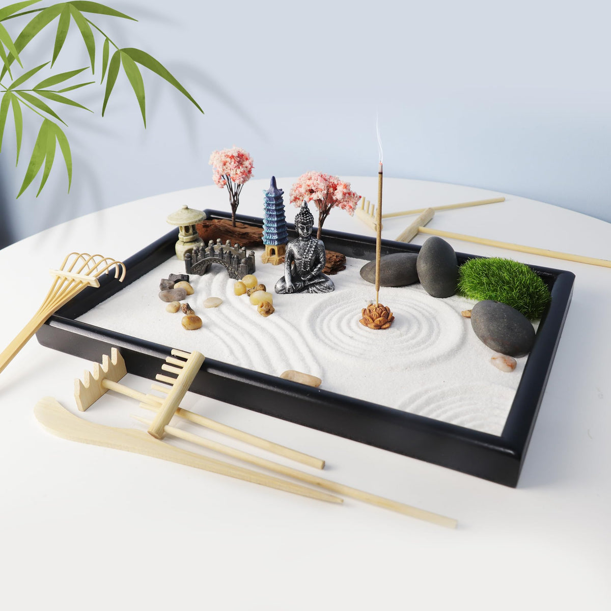 YUNGCHI Zen Garden for Desk Mini Japanese Sand Desktop Office Miniature Zen Garden Box with Kit 11.8 X 7.9 in