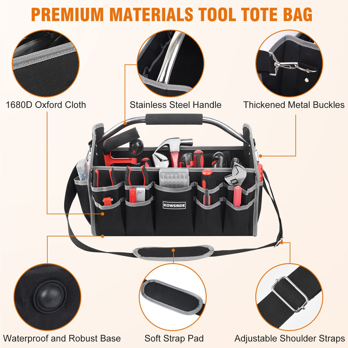 Kowsinde 16 Inch Tool Bag, Electrician Tool Bag, Open Top Tool Bags, 26 Pockets Can Hold Many Tools, Steel Handle and Removable Shoulder Strap