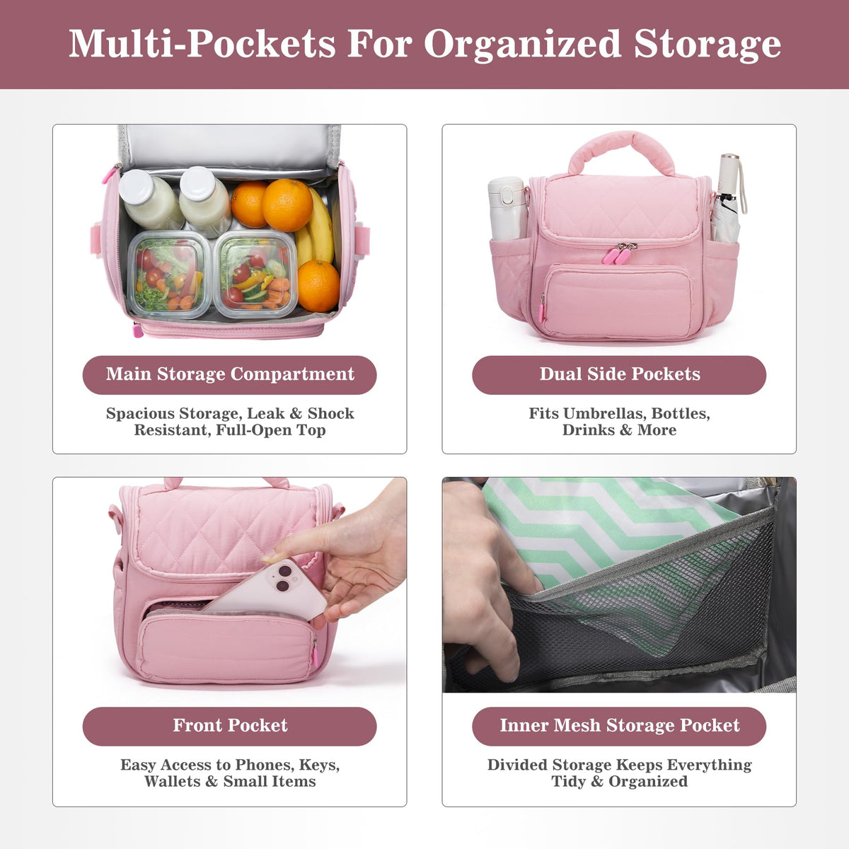 HASHMUST Lunch Bag for Women Adults, Portable Insulated Puffer Lunch Tote Bag, Reusable Leakproof Lunch Box Cooler with Handles For Work Picnic Travel Trip - Pink