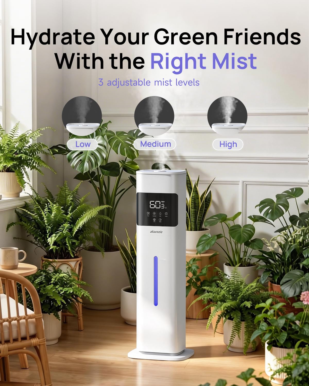 Akacozie Humidifier Large Room, 2.1Gal/8L Cool Mist Humidifiers for Bedroom 500 sq ft, Humidifiers for Home with Essential Oil Diffuser, Top Fill Quiet Humidifier for Baby Nursery Office Plants, White