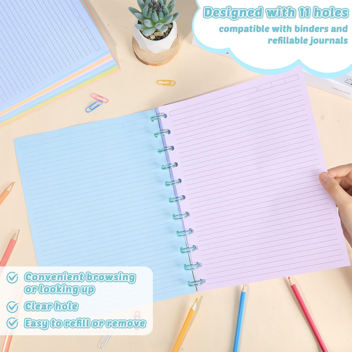 gisgfim 100 Sheets Letter Size Discbound Lined Refill Paper 8.5 x 11 Inch College Ruled Notebooks Planner Inserts 11 Disc Discbound Loose Leaf Paper Thicken for Writing School Office Supplies(Macaron)