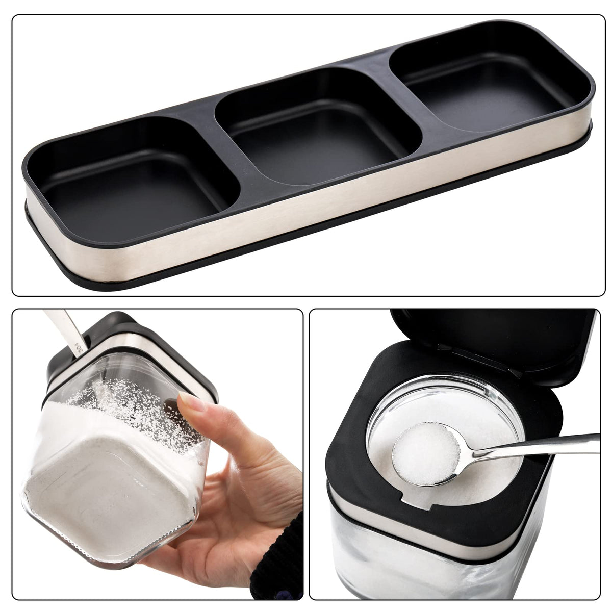 DEAYOU 3 Pack Glass Seasoning Box with Tray, Clear Condiment Canister with 18/10 Stainless Steel Lid and Spoon, Kitchen Spice Pot with Base, Salt Pepper Sugar Storage Container Jar Cruet for Desk