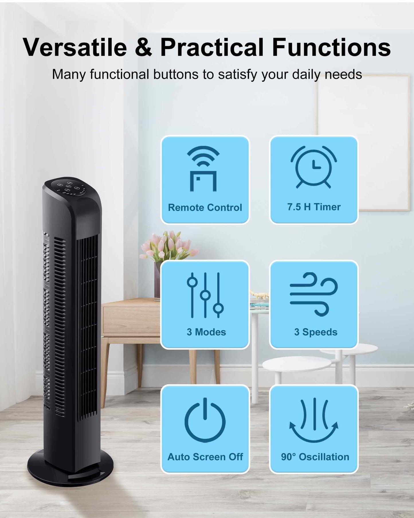 Uthfy Oscillating Tower Fan with Remote, Electric Standing Floor Fan for Bedroom Indoor Office and Home Use,Quiet Cooling Portable Bladeless Tower Fans, 30 inchs, Black