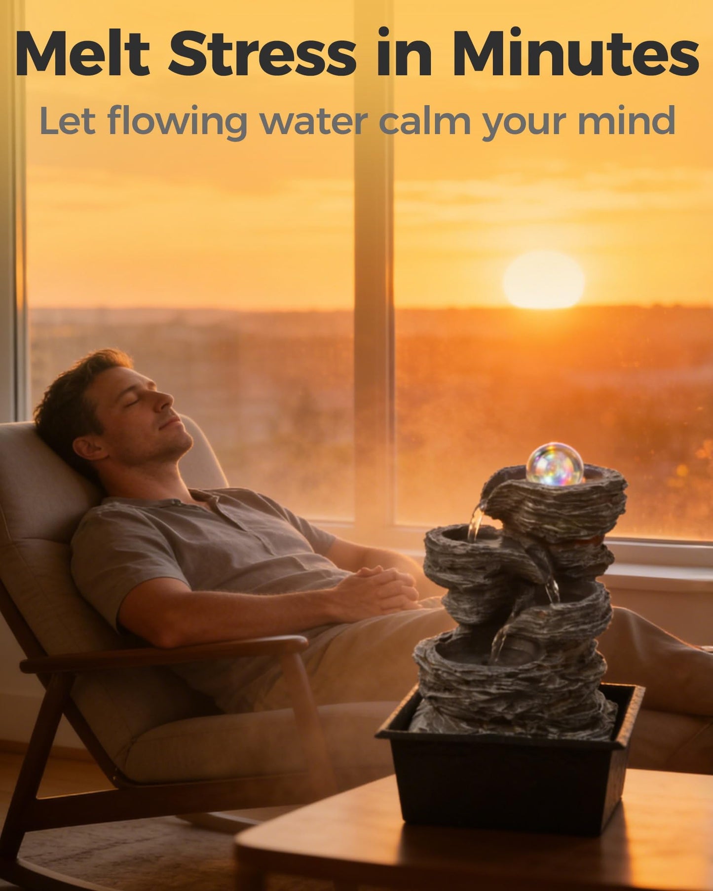 Twirleternity Tabletop Water Fountain with LED Lights & Rolling Bubble Ball, Indoor Waterfall Fountains for Home Office Zen Meditation Decor, Best Home Gifts for Friends or Family