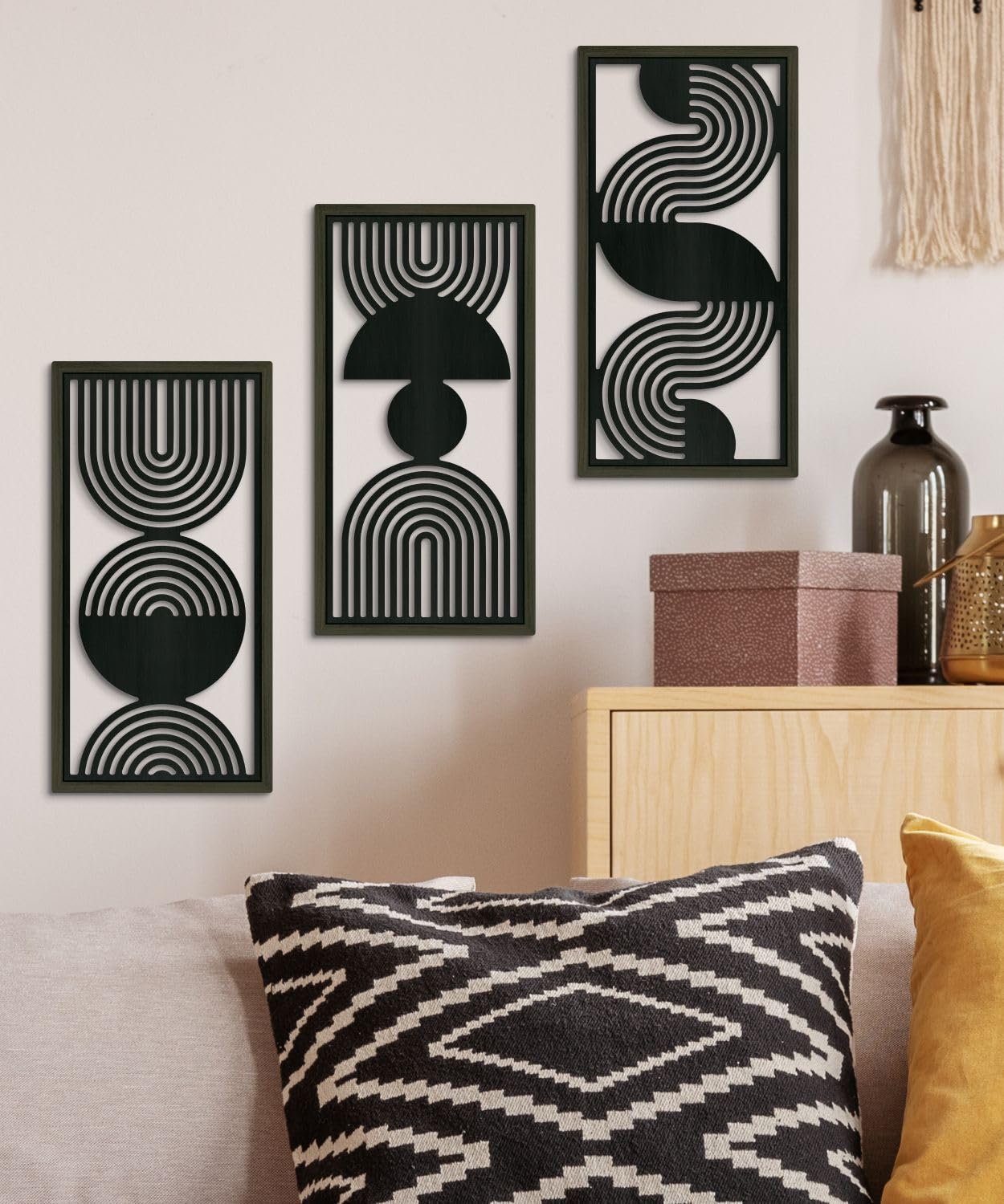 Putuo Decor Modern Minimalist Wall Art Set of 3, Black and Gray MDF Cut-Out Geometric Line Panels, Abstract Vertical Art for Living Room Bedroom Office Wall Decor