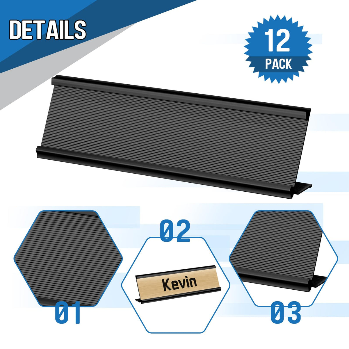 LEIFIDE 12 Pack Aluminum Name Plate Holder for Desk 2 x 8 Inch Blank Name Plates Office Business Desk Holder Desktop Table Display for Back to School Business Office Meeting Teacher Classroom(Black)