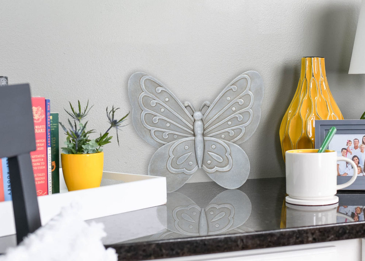 NAT & Jules Animal Character Shaped Dimensional Indoor Outdoor 11 inch Cast Resin Decorative Garden Stepping Stone, Patio, Walkway Sculpture Yard Art, Stone Grey Butterfly