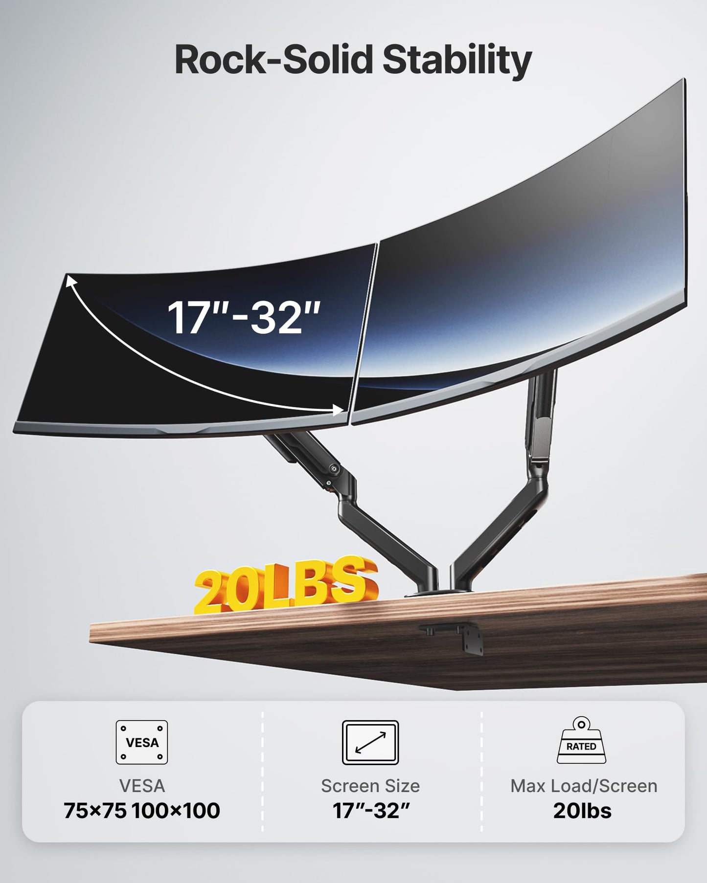 monTEK Dual Monitor Stand for Desk, 17-32 Inch Mechanical Spring Dual Arm, Heavy Duty Steel Adjustable Monitor Mount, Full Motion VESA 75x75/100x100, C-Clamp & Grommet, Holds Up to 20 lbs Each