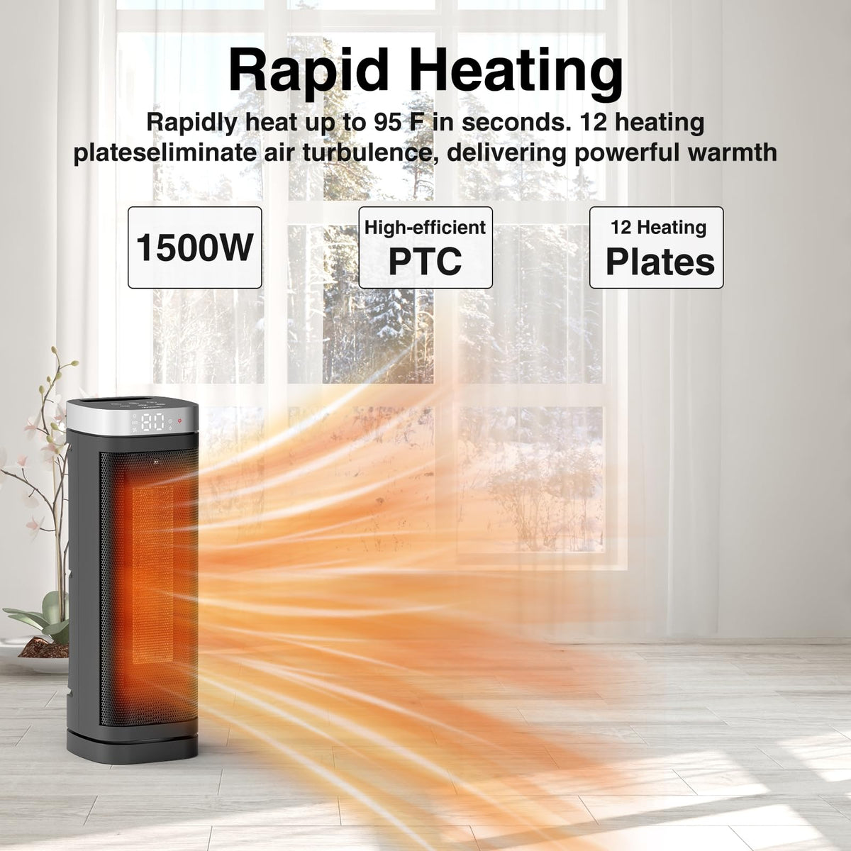 Space Heater, WINHL 17 Inches Electric Heaters for Indoor Use with Thermostat and Remote, 70°Oscillation, 12H Timer, 5 Modes, 1500W PTC Ceramic Fast Safety Heat for Office Bedroom Home