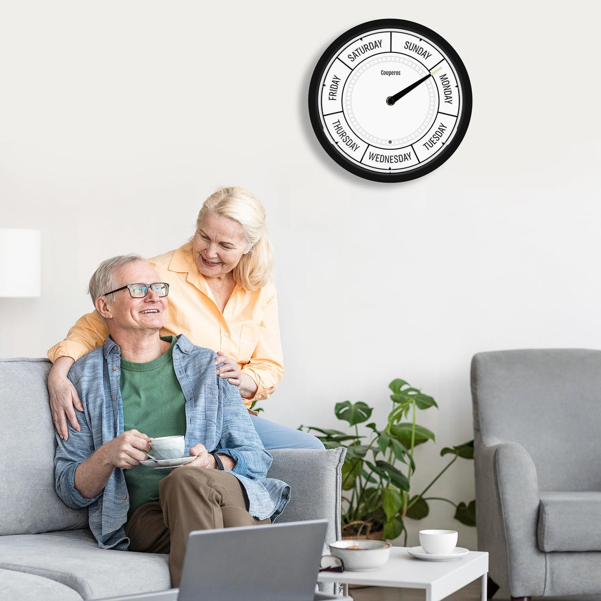 Couperos Day of The Week Wall Clock with Night Light - 12" Analog Silent Non-Ticking Clock with LED Night Light, Calendar Day Clock Perfect for Home, Office, and Retirement Gifts
