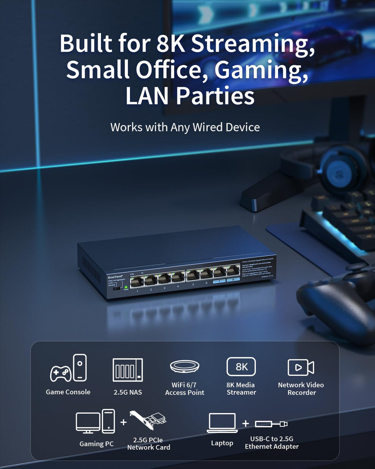BrosTrend 2.5Gb Switch, Unmanaged 8 Port Ethernet Switch 2.5 Gigabit Supports Static Link Aggregation & VLAN, Fanless, Desktop Wall Mount, Multi Gig Splitter for Gaming, NAS, PC, Lifetime Protection