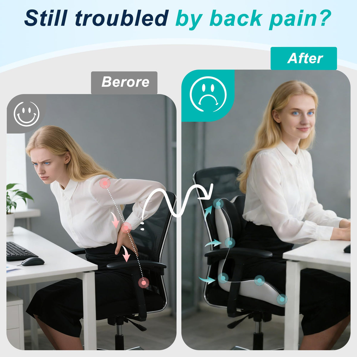 BANKQF Seat Cushion for Office Chair and Car, Lumbar Support Pillow for Office Chair, Memory Foam Ergonomic Seat Cushion for Long Sitting, Back & Tailbone Pain, Sciatica - Dark Gray & Light Gray
