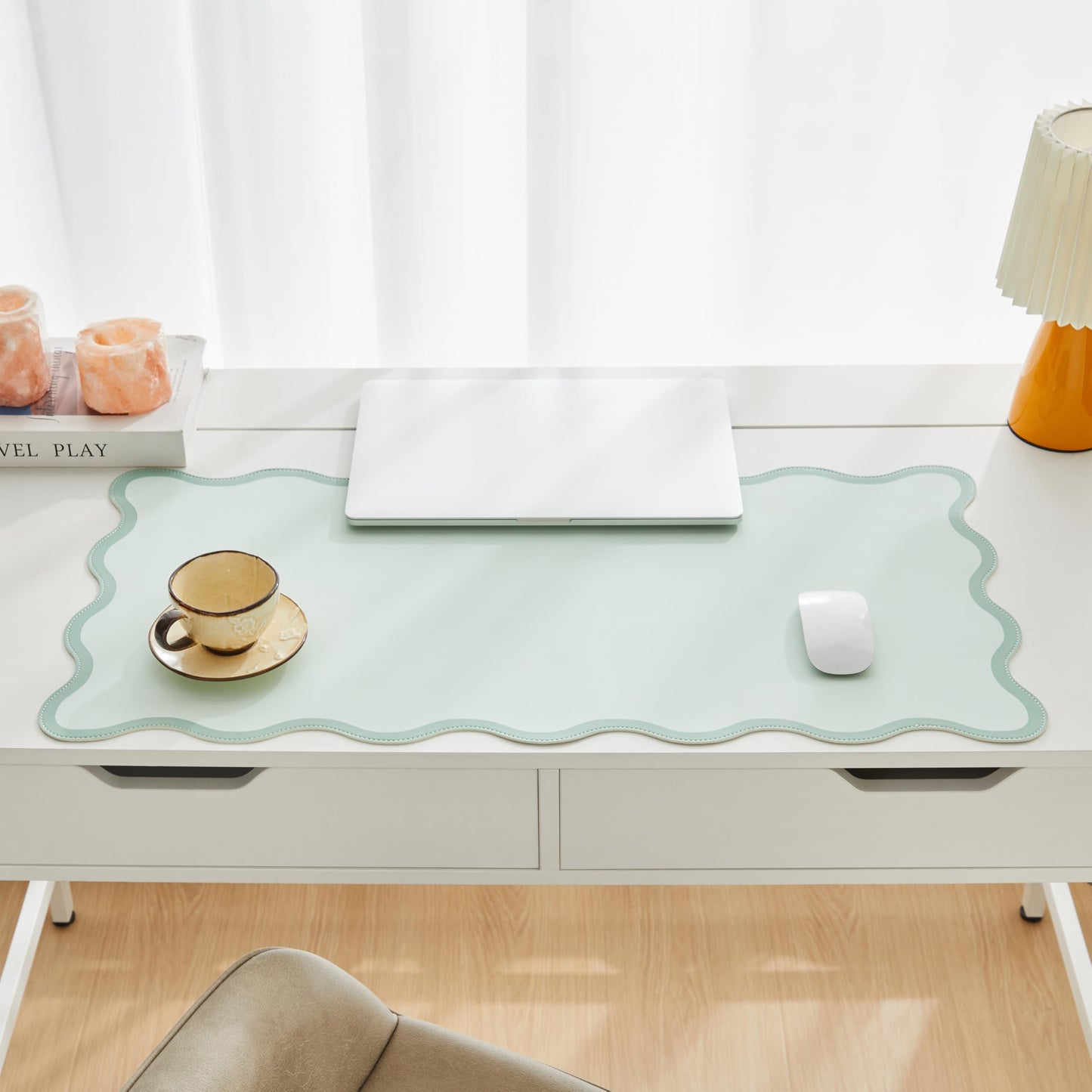 Ralxion Sage Green Scalloped Desk Mat, 31.5" x 15.7", PU Leather, Waterproof Anti-Slip, Cute Aesthetic Desk Pad for Office/Home/Game/Vanity Large