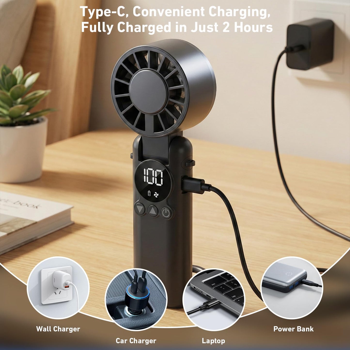 AILBTON Portable Handheld Fan, 5000mAh Rechargeable Mini Personal USB Fan with LED Display & Foldable Design, 199-Speed Powerful Battery Operated Travel Fan for Women, Outdoor, Office Black