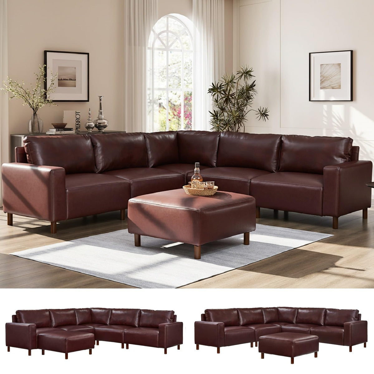KEIKI PU Leather Sectional Couch Sofa Set with Ottoman, Luxury 6 Seater U-Shaped Sleeper Cloud Couches Bed, Comfy Modular Convertible L-Shaped Sofabed for Office Living Room, Easy Assembly, Burgundy