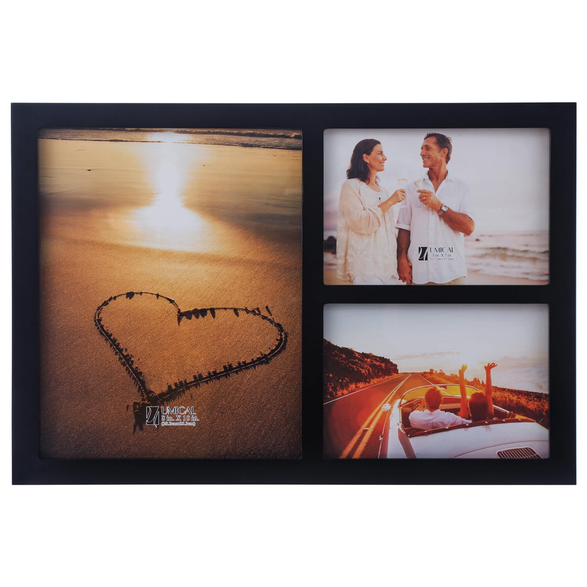 UMICAL Collage Picture Frame for 8x10 and 2 5x7 Pictures Display with Shatter-Resistant Glass & Black Wood 3-Openings Photo Frames Made for Tabletop Stand and Wall Mounting
