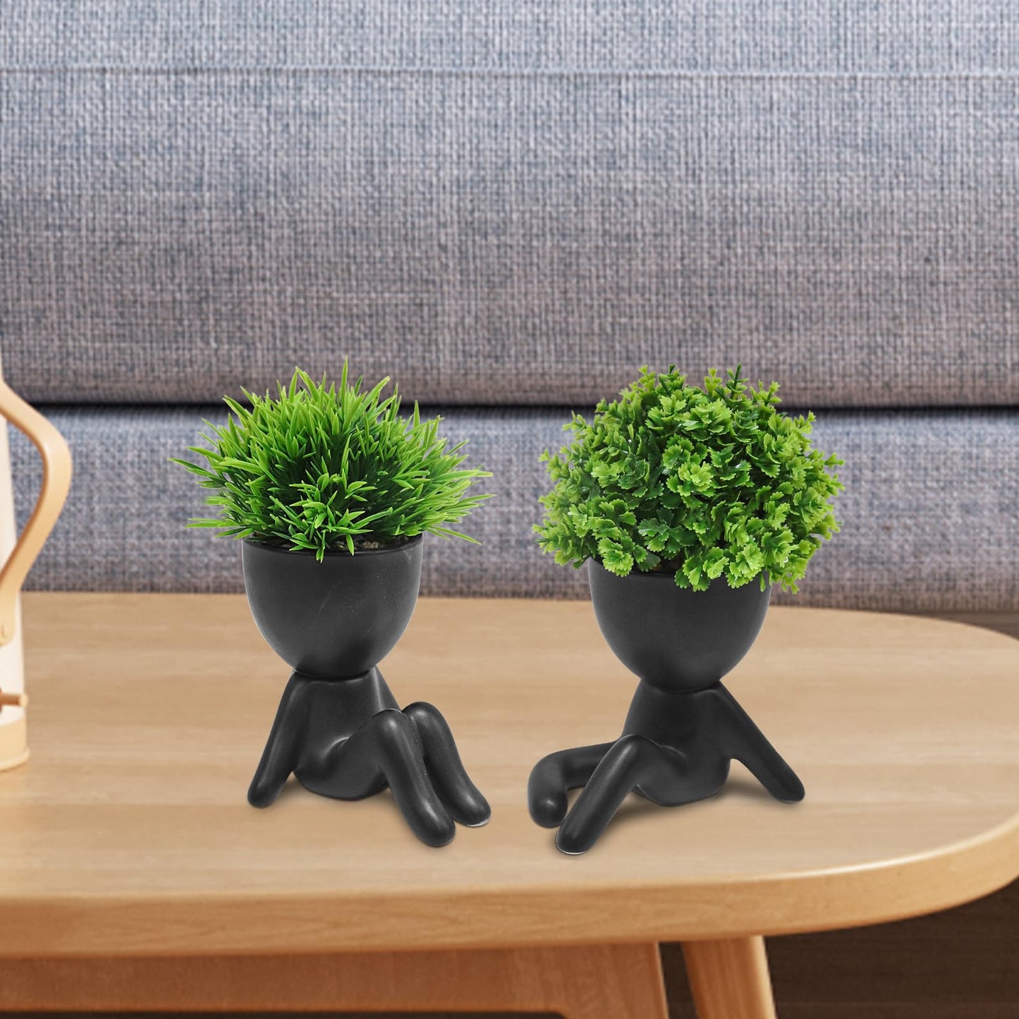 MAKHOT 4PCS Cute Artificial Mini Succulent Plants with Creative Human Shaped Pots, Small Fake Plants for Shelf Desk Tabletop Office Home Decoration(Black)