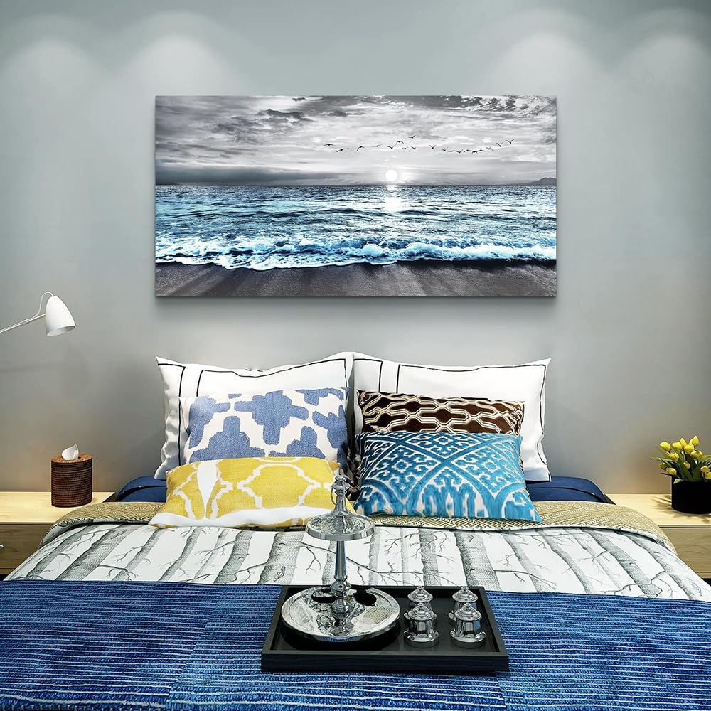 Wapluam Large Canvas Wall Art For Living Room & Bedroom Decor - Black & White Blue Sea Wave Pictures - Framed Beach Posters