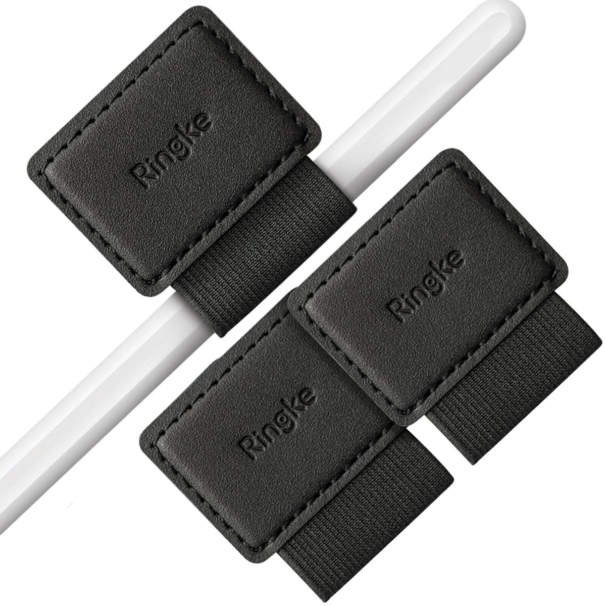 Ringke Pen Holder for Apple Pencil, Journal, Notebooks, and More - 3M Self Adhesive PU Leather Durable Pen Loop with Elastic (3 PACK) - Black