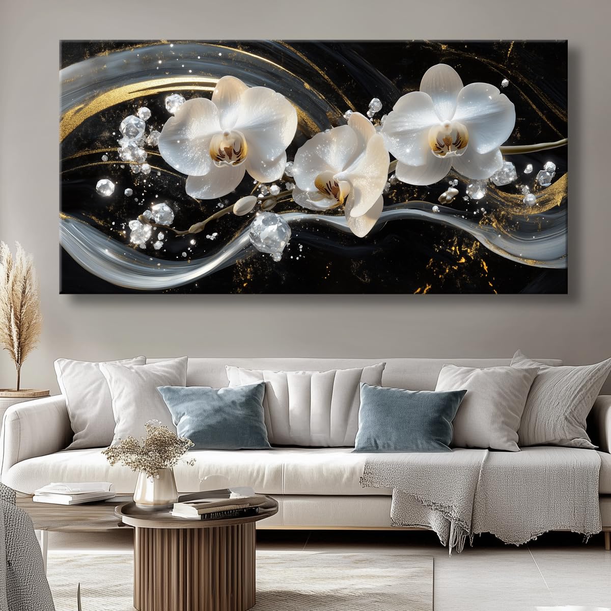 White Orchid Canvas Wall Art - Modern Floral Picture for Living Room, Bedroom Wall Decor, Framed Wall Art for Home Decoration, Elegant Flower Paintings Ready to Hang, Large Wall Art 50x100cm(20x40in)