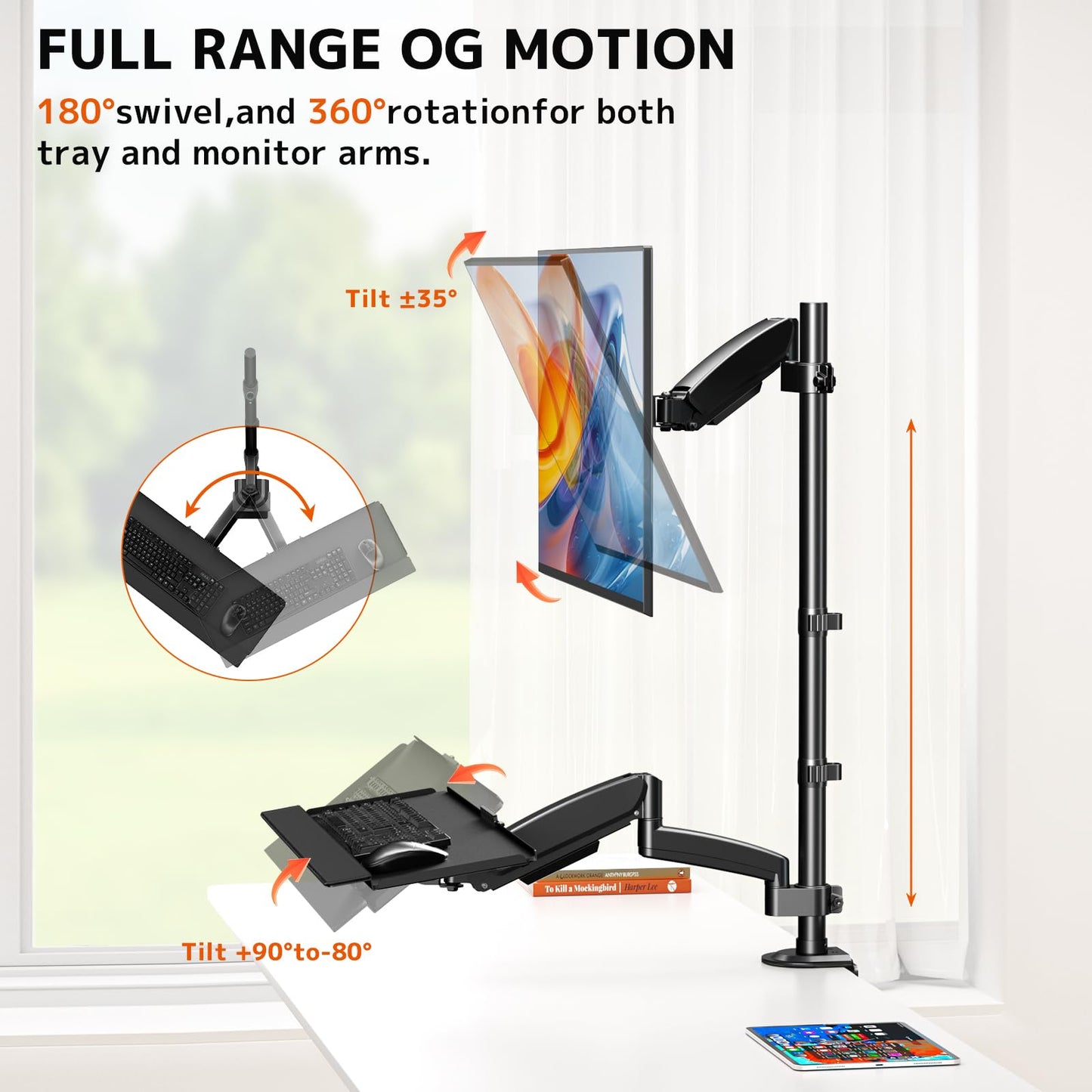 PUTORSEN Sit Stand Monitor Desk Mount for 17-32 inch Screens, Height Adjustable Full-Motion Articulating Arm with Keyboard Tray,19.8 lbs Monitor & 2.2lbs Tray Capacity, C-Clamp & Grommet Mount,Black
