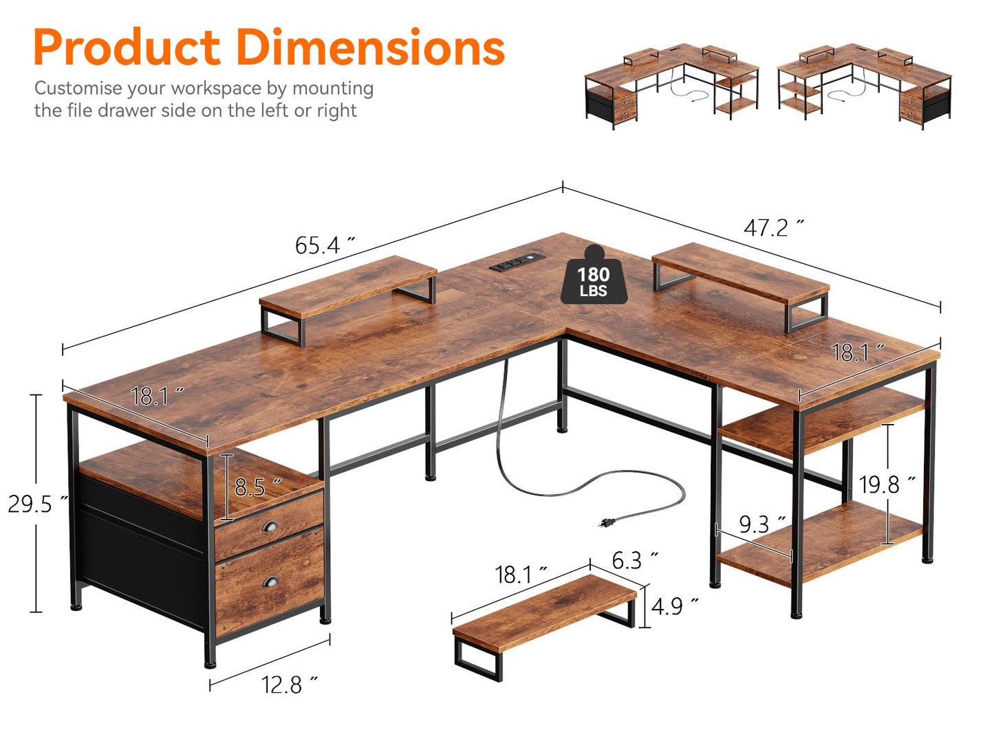 Furologee 66” L Shaped Desk with Power Outlet, Reversible Home Office Desk with File Drawer, 2 Monitor Stands, Storage Shelves, Corner Computer Table for Gaming, Writing, Rustic Brown