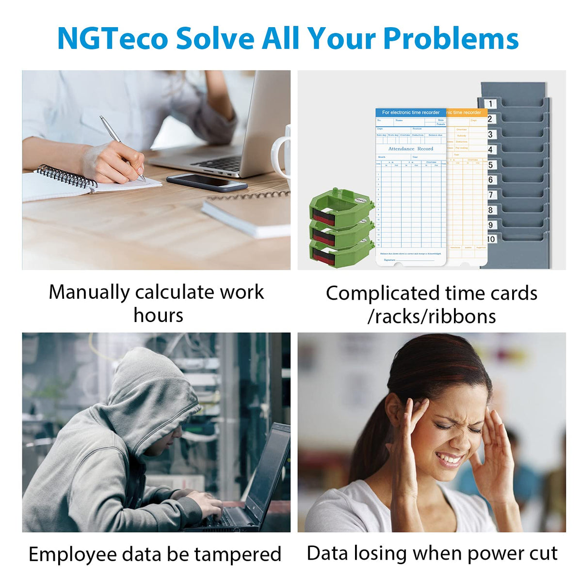 NGTeco Time Clocks for Employees Small Business, W3 2.4GHz WiFi Biometric Fingerprint Time Card Machine, Office Punch Clock Automatic in and Out with iOS/Android App No Monthly Fees