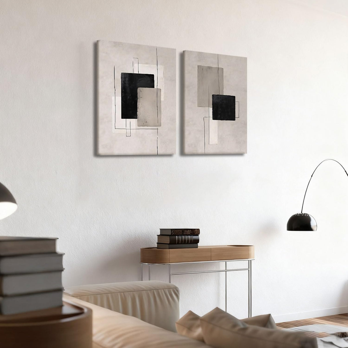 Kdyudo 2 Pcs Large Minimalist Block Line Canvas Framed Wall Art Neutral Abstract Print Poster Wall Decor Black Beige And Brown Geometric Square Line Painting Pictures Living Room Bedroom 12x16 Inch