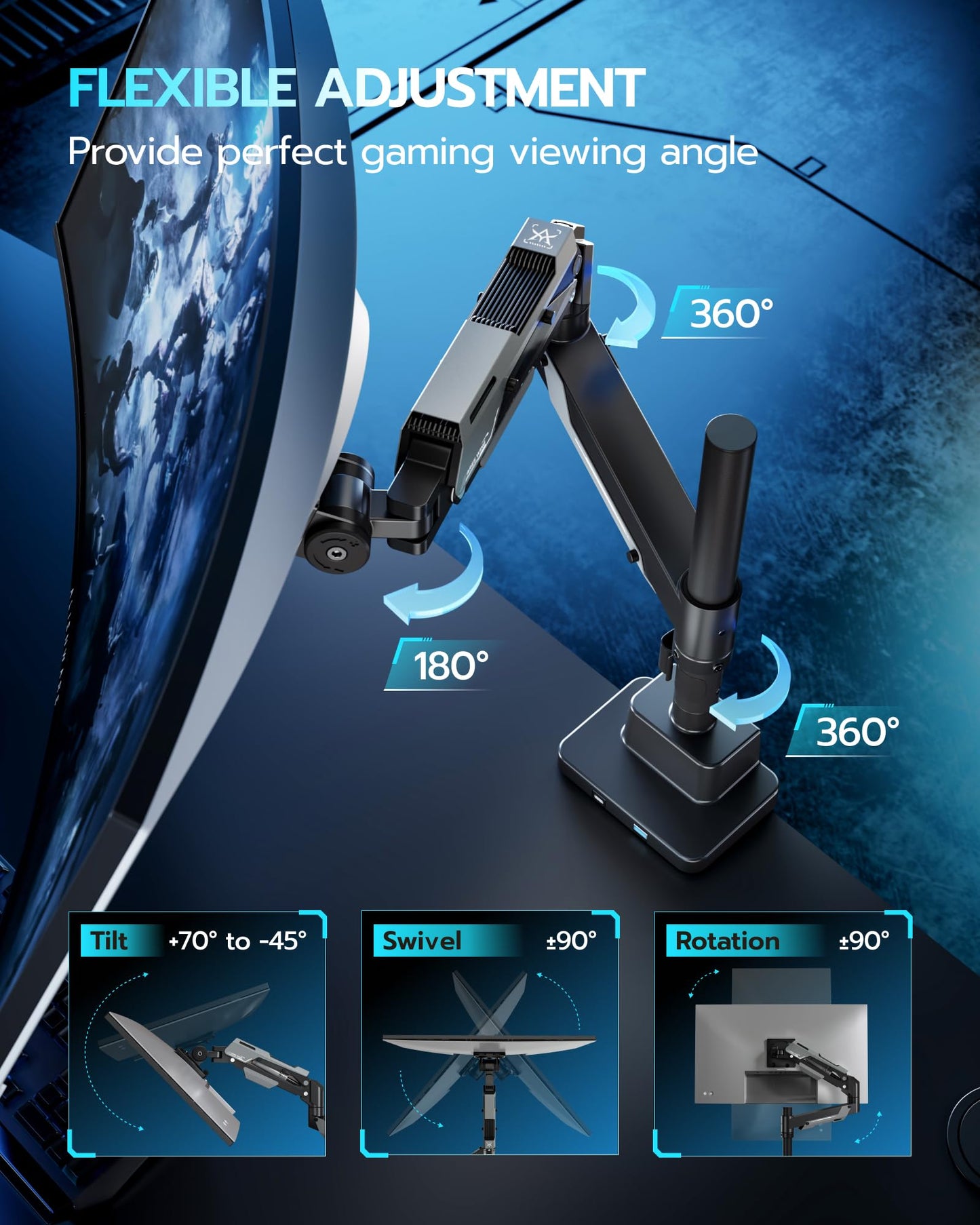 ARES WING CoreArm Single Monitor Mount with USB, Ultrawide Monitor Arm for 24 to 57'' Heavy Duty Curved Screen, Adjustable Gas Spring Monitors Arm Stand up to 66LBS with 75/100/200 Vesa Mount, Black