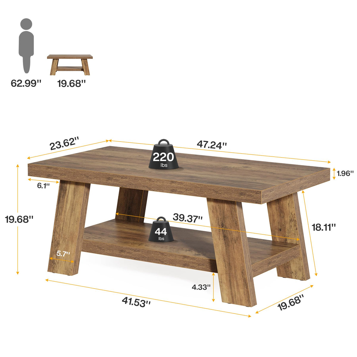 Tribesigns Farmhouse Coffee Tables for Living Room, 47.24" Rectangle Coffee Tables with Storage Shelves, Rustic Wooden Center Table for Apartment, Home Office (Rustic Brown)