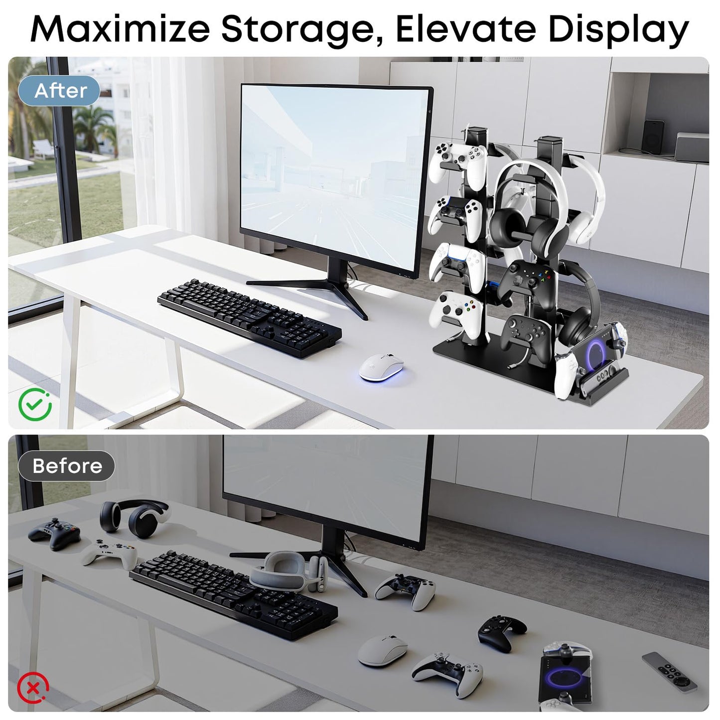Headphone and Game Controller Desk Stand for PS5/ Xbox/ PS4 Controller, 4 Tiers Headset Hanger with Organizer for Switch 2/1/PS Portal Game Console, Multiple Controller Storage Dispay Rack-16 Hooks