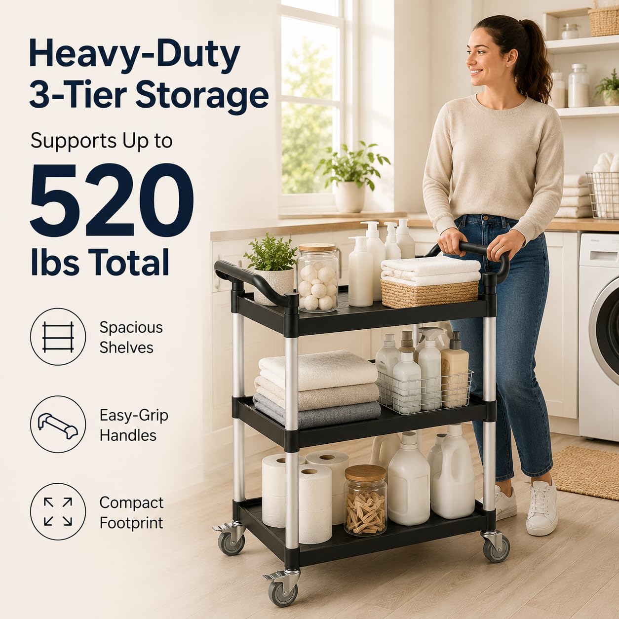 Liboocare 3-Tier Rolling Utility Cart with 2 Locking Brakes, 520 Lbs Heavy Duty 31.5"x15.7"x40.6" Commercial Service Cart, Tangle-Free Silent Wheels for Home, Office, Restaurant, Warehouse, Kitchen