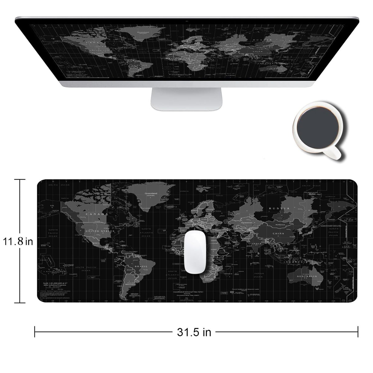 SANWUMIAN Large Gaming Mouse Pad with Stitched Edges, Desk Mat Extended Keyboard Pad, Non-Slip Rubber Base Desk Pad for Laptop, Office, Home, 31.5X11.8 inch Black World Map