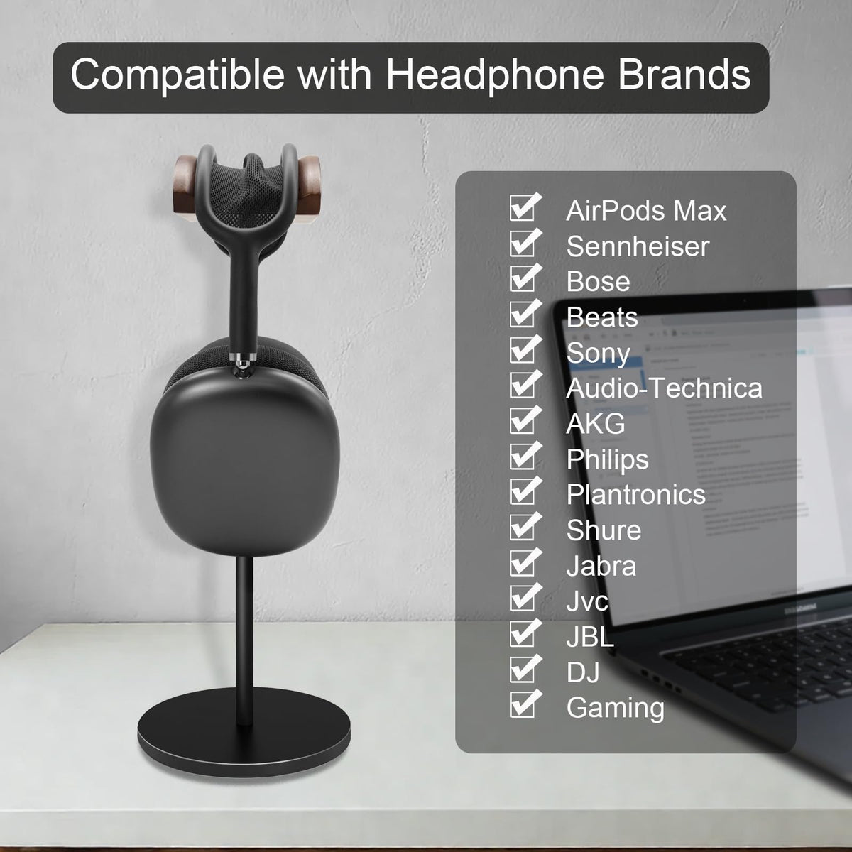 GEVO Headphone Stand for Desk, Walnut Wood & Aluminum Headset Stand, Universal Walnut Gaming Headset Holder with Solid Heavy Base for AirPod Max, Bose, Sony All Headphone Sizes (Circular Base)