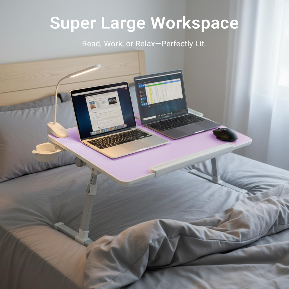 iXTRA Laptop Lap Desk with Cooling Fan - Adjustable Bed Desk with Light, Bed Table with Cup Holder&Phone Holder - Storage Drawer Desk - Folding Bed Desk,Purple,70x45cm