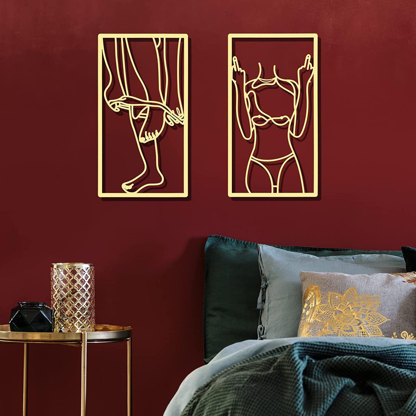 DoMyfit 4-Piece Abstract Line Metal Wall Art Print Decor Line Drawing Home Hanging Wall Art for Living Room Bedroom Wall (Gold)