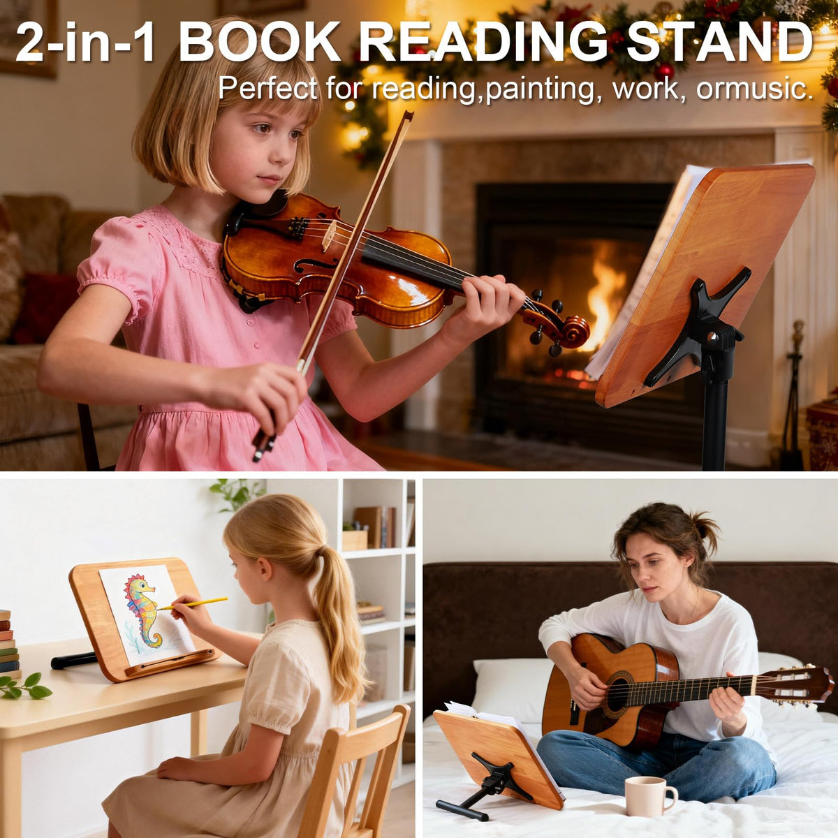 2 in 1 Dual-use Music Stand & Desktop Book Stand, Adjustable Height 16.5"-51", 100% Solid Wood Laptop Floor Stand Book Holder with Page Clips for Cookbooks, Sheet Music (Brown)