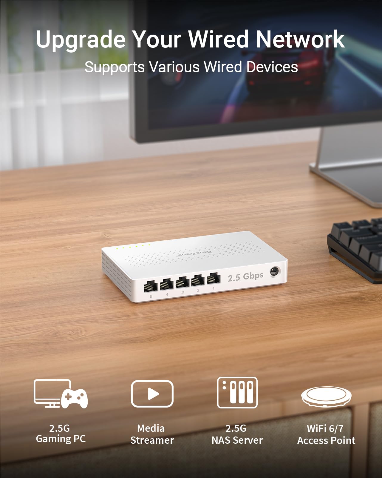 BrosTrend 5 Port 2.5GB Switch, Unmanaged Ethernet Switch for Game Console, PC, NAS, etc. 2.5 Gigabit Network Switch Fanless Plug & Play, Multi-Gigabit Switch, Desktop / Wall Mount, Lifetime Protection