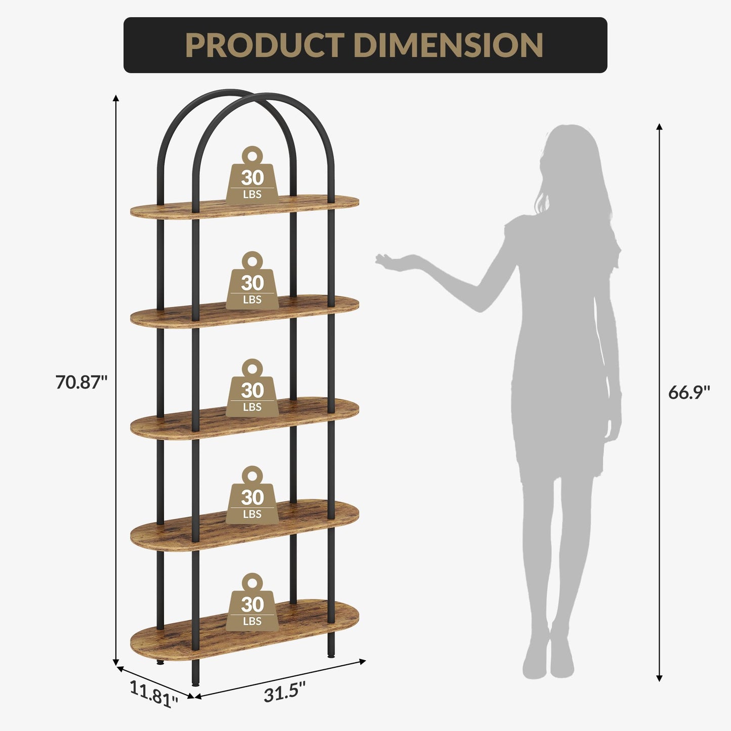 MilleLoom 71" Arched Bookshelf, 5 Tier Freestanding Open Bookcase with Sturdy Metal Frame, Modern Display Rack and Plant Shelf for Bedroom, Living Room, Home Office, Black and Retro