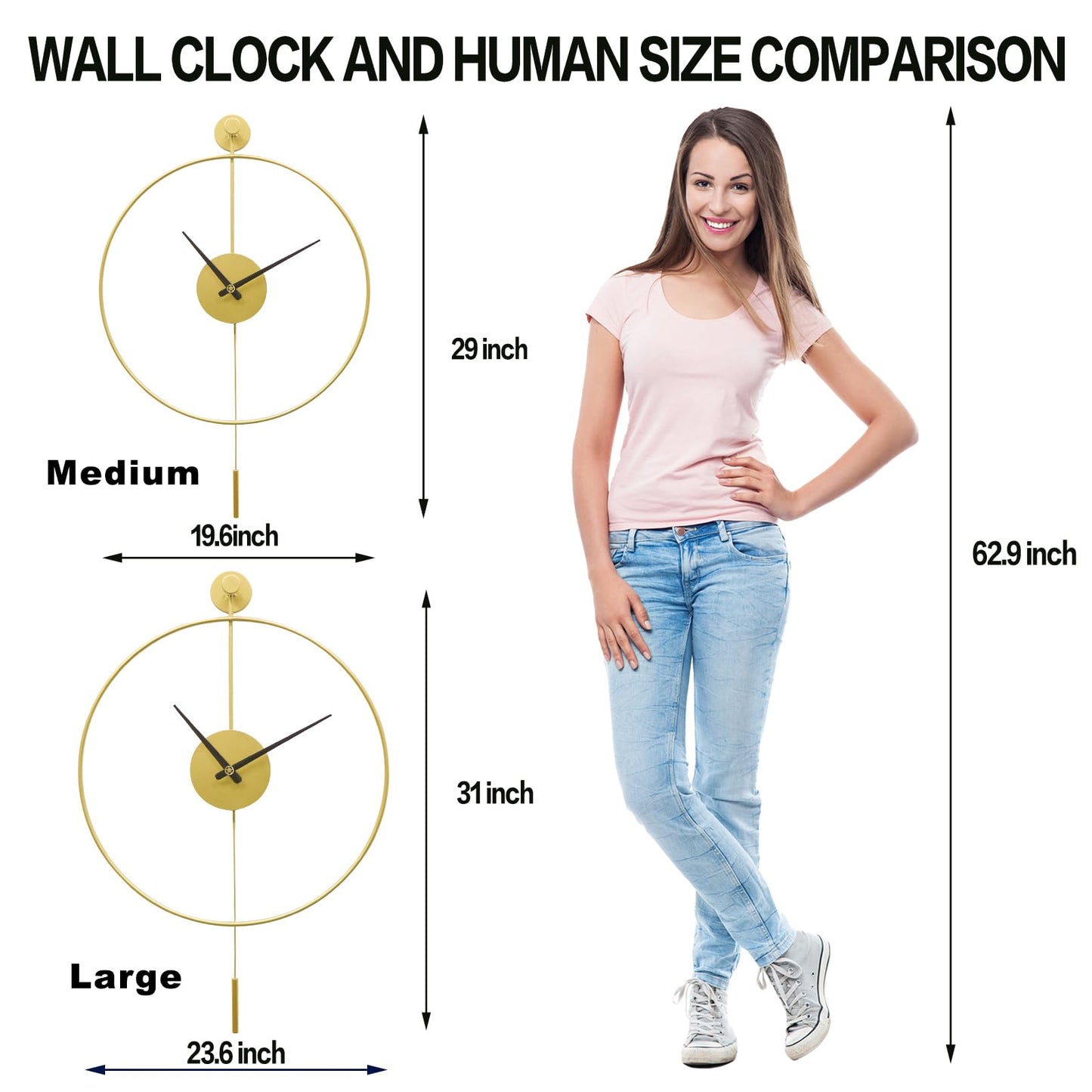 YISITEONE Classical Large Decorative Wall Clock with Pendulum, Modern Non-Ticking Silent Metal Wall Clocks for Living Room, Bedroom, Study, Office, 20‘’