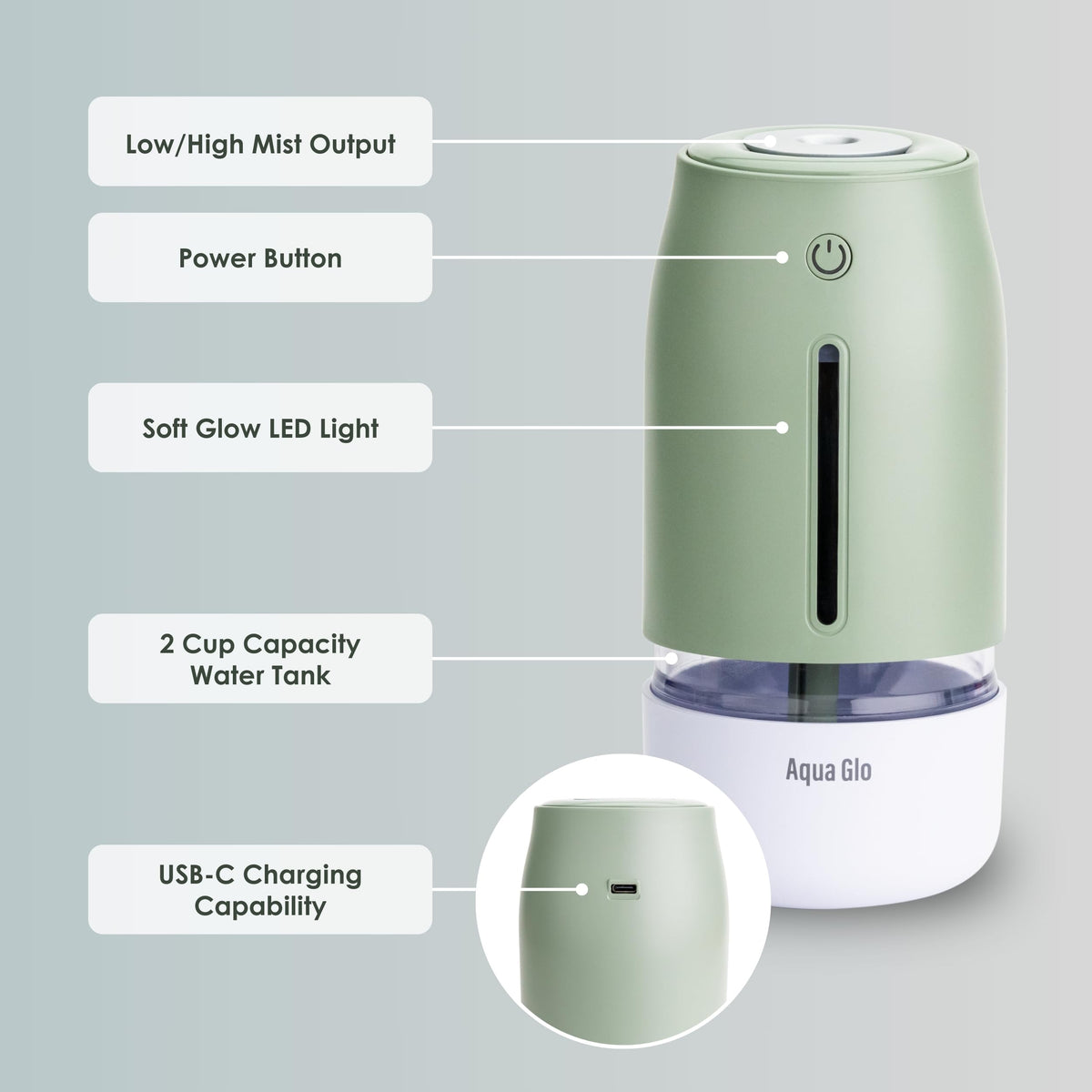 Airvana Aqua Glo Personal, Portable Humidifiers for Bedroom – Ultrasonic Cool Mist Humidifier with Built In Rechargeable Battery. Air Humidifier for Baby, Plants, Home, Office, Travel. Mint Green
