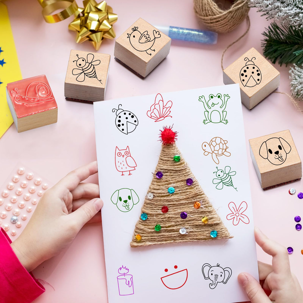 MotiMind 18 Pcs Cartoon Pattern Wood Stamps Set Wooden Rubber Holiday Stamps for Card Making Decoration and Scrapbooking Supplies