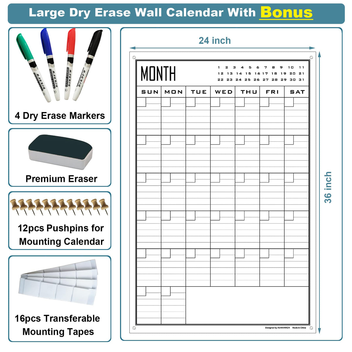 Large Dry Erase Calendar For Wall Monthly,24x36 Inch Big Vertical Blank White Board Calendar Fit to Narrow Wall,Giant Laminated Erasable 30 Day Schedule Planner Poster for Family,Office,Classroom