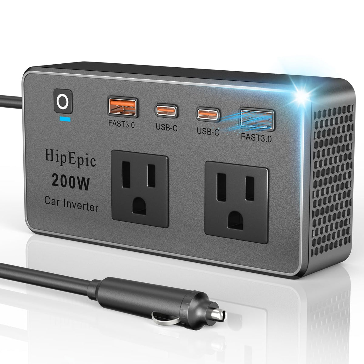 HipEpic 200W Car Power Inverter 12V to 110V Fast Charging, Car Outlet Adapter to Plug 24W USB A/C & Dual AC - 6 in 1 for Laptop Phone, Power Inverters for Vehicle Road Trips Camping (Silver-Black)