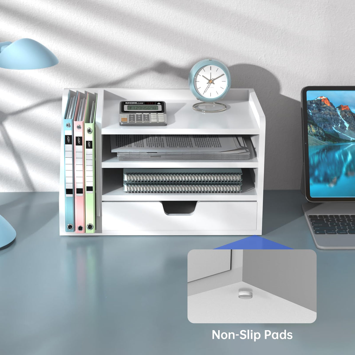NiOffice Multi-Tier Wood Desk File Organizer with Side File Rack, 3 Tray Shelves & Adjustable Drawer - Space-Efficient Design Easy to Assemble for Efficient Office Setup, Reduces Desk Clutter (White)