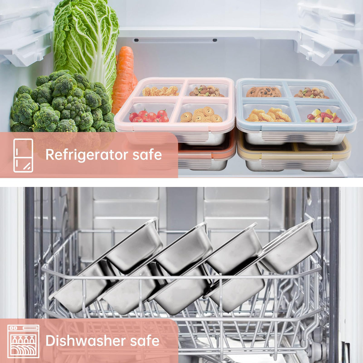 Luriseminger 3 Pack Stainless Steel Bento Lunch Box, 4 Compartment Snack Containers, Divided Meal Prep Lunch Containers, Food Storage Containers For Work and Travel